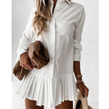 Women's Solid Color Lapel Long Sleeve Pleated Mini Shirt Dress